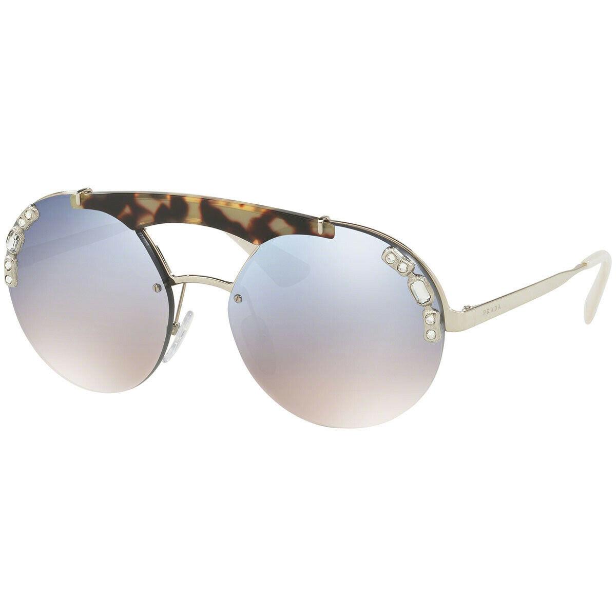 Prada Ornate PR52US Brow Bar Crystal Round Sunglasses Palladium Blue Mirrored