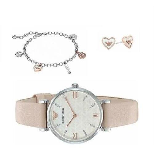 Emporio Armani Gift Set Silver+rose Gold Earrings+bracelet+mop Watch AR8039