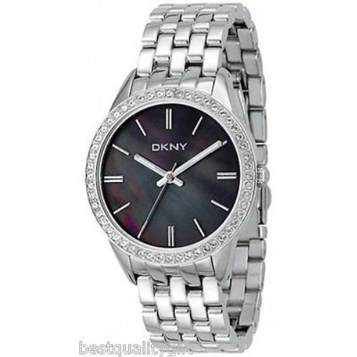 Dkny Silver Tone S/steel Bracelet+black Mop Dial+crystals Classic Watch NY4927