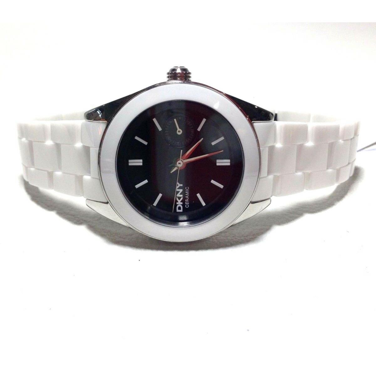 Dkny Silver Tone+white Ceramic Band Black Dial Bracelet Watch NY2142