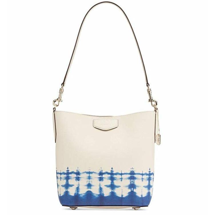 Dkny Women Ivory and Blue Sullivan Leather Tie Dyed Bucket Tote Bag Purse