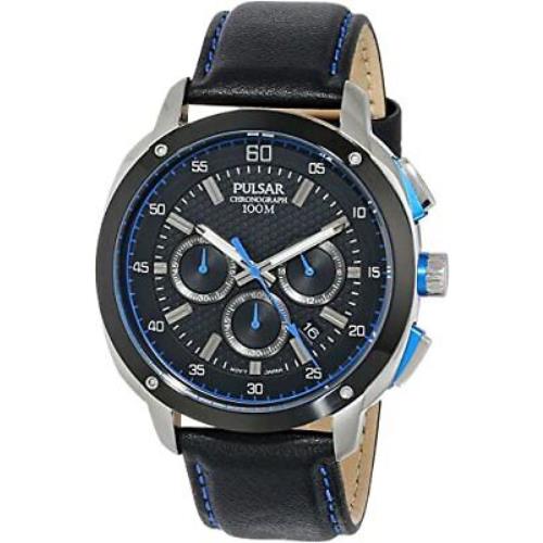 Pulsar Men`s On The Go Black Dial Black Leather Strap Chronograph Watch PT3391