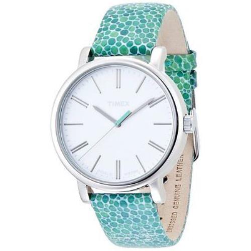 Timex Silver Tone Green Aqua Mosaic Leather Band White Dial WATCH-T2P324