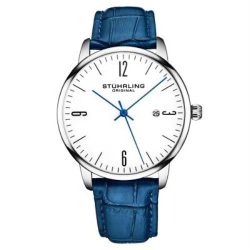 Stuhrling 3997A 3 Quartz Date Blue Embossed Leather Strap Mens Watch