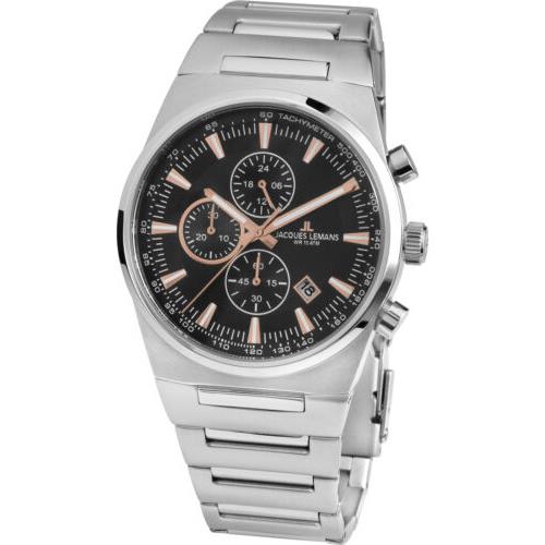 Jacques Lemans Men`s Manchester 43mm Black Dial Stainless Steel Chrono Watch
