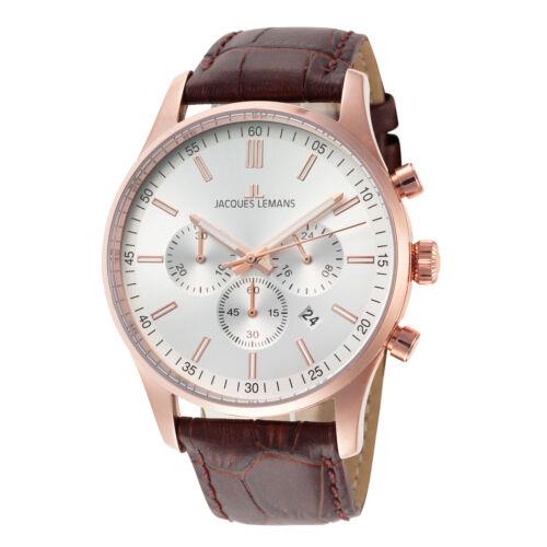 Jacques Lemans Men`s Classic 1-2025E 42mm Silver Dial Leather Watch