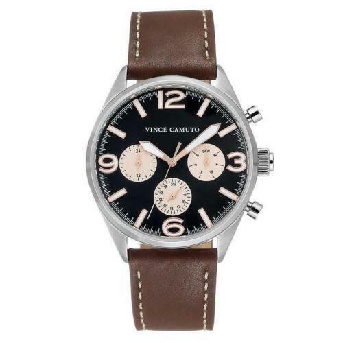 Vince Camuto Mens Watch VC/1102BKBN Black Dial Brown Leather Strap