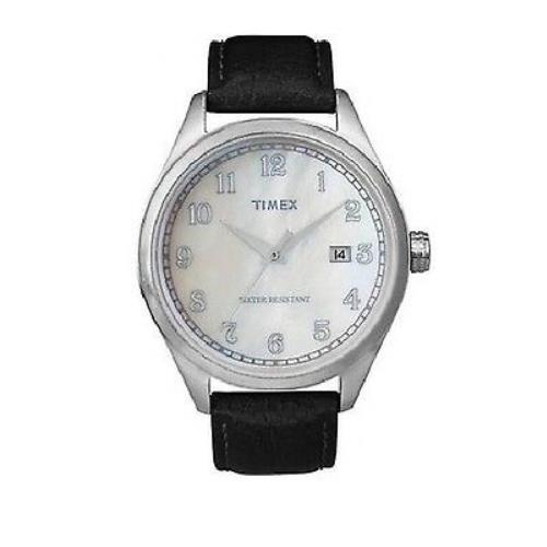 Timex Black Leather White Mop Dial with Date WATCH-T2N401