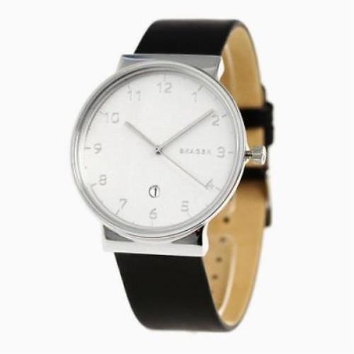 Men`s Skagen Ancher Silver Dial Date Black Leather Strap Watch SKW6291