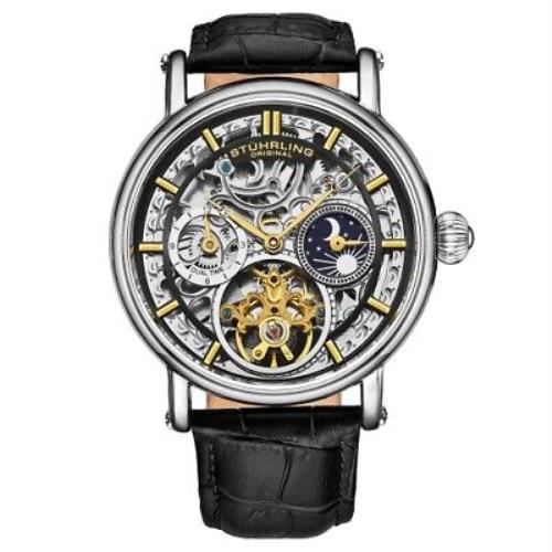 Stuhrling 4000 2 Legacy Automatic Dual Time Skeleton Am/pm Leather Mens Watch