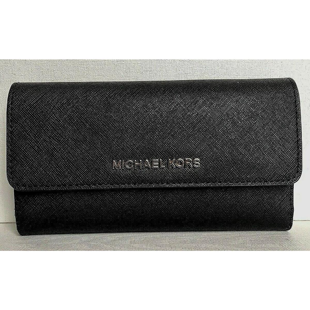 Michael Kors Jet Set Travel Large Trifold Wallet Leather Black with Silver