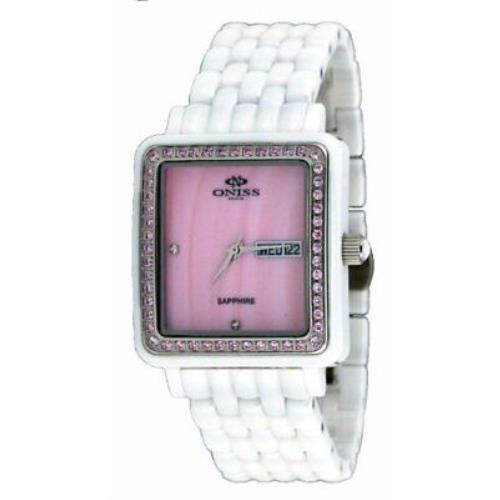 Oniss ON7700-L Women`s Crystal Accented Bezel Mop Dial White Ceramic Watch