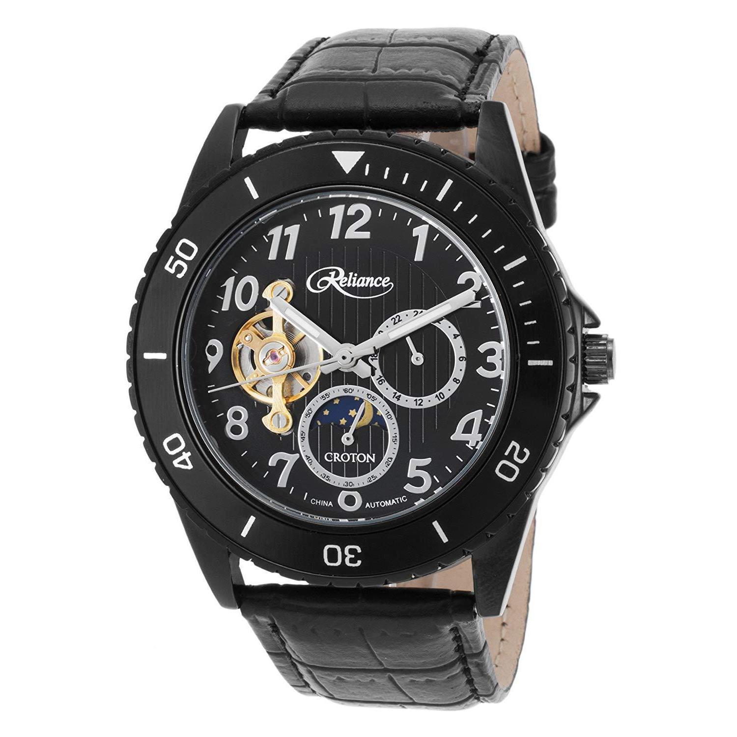 Croton Mens Reliance Automatic Watch Black Leather Multi-function Arabic