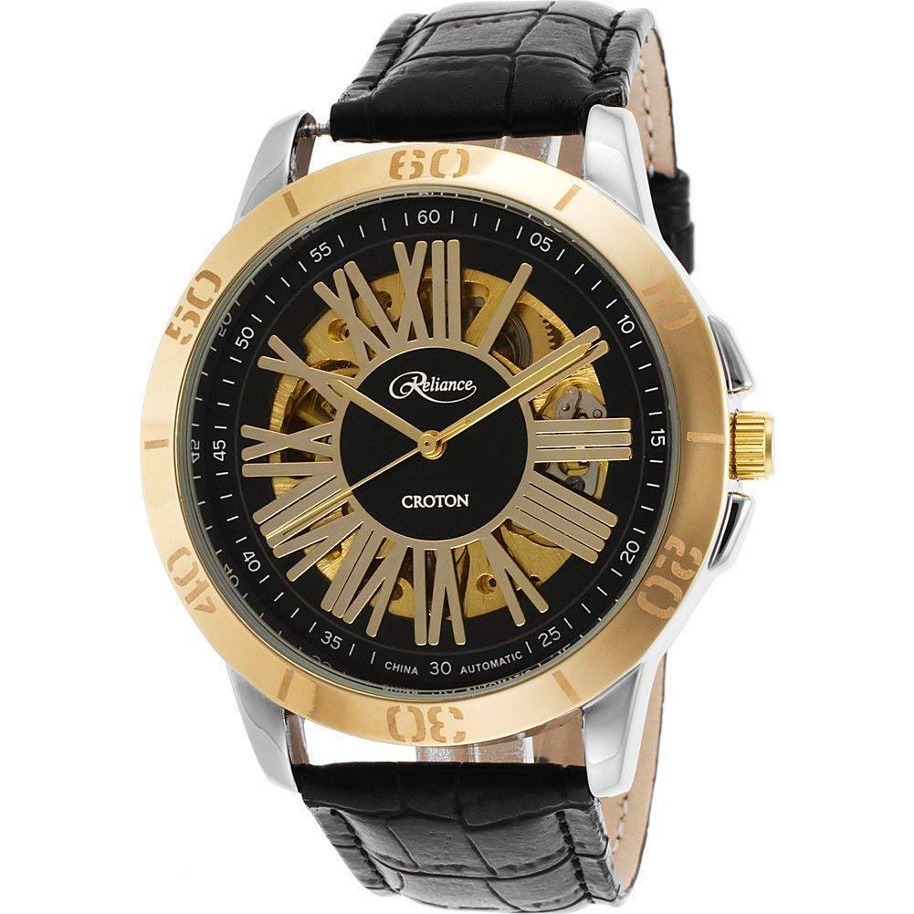 Croton Reliance Automatic Watch Black Leather Silver Partial Skeleton Gold Black