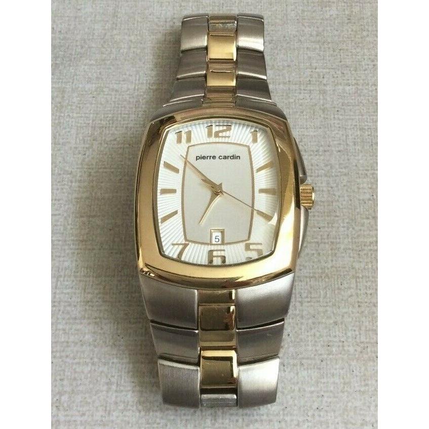 Pierre Cardin Men`s Rectangle Watch White Date Dial Two Tone Linked B