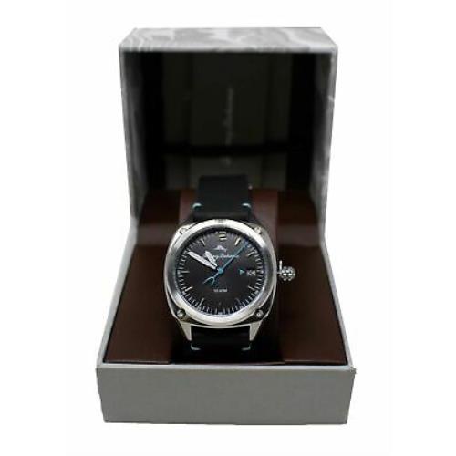 Tommy Bahama Mens Stainless Steel Black Face Leather Band W/blue Second H