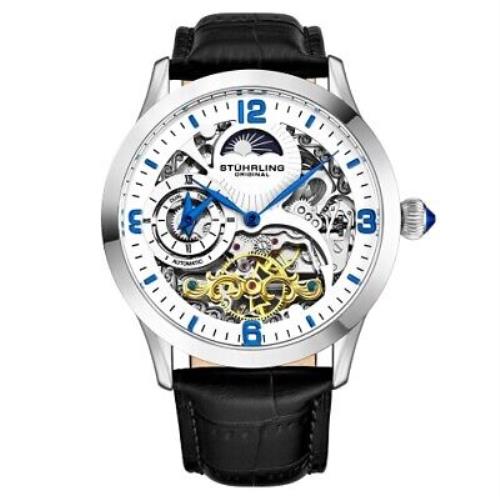 Stuhrling 3921 2 Legacy Automatic Skeleton Dual Time Black Leather Mens Watch