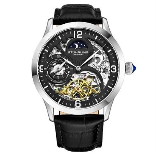 Stuhrling 3921 1 Legacy Automatic Skeleton Dual Time Black Leather Mens Watch