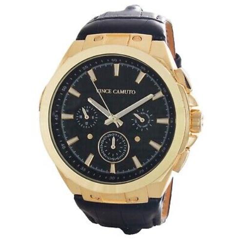 Vince Camuto Men`s Black Dial Gold Plated Leather Strap Watch VC/1123BKGP