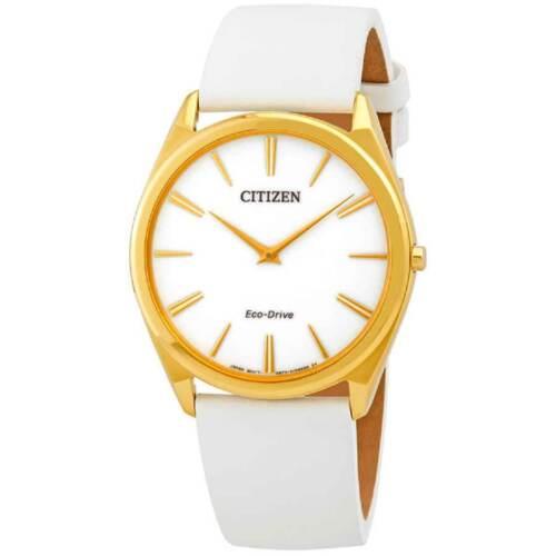 Citizen Women`s Watch Stiletto Yellow Gold Case White Leather Strap AR3072-09A