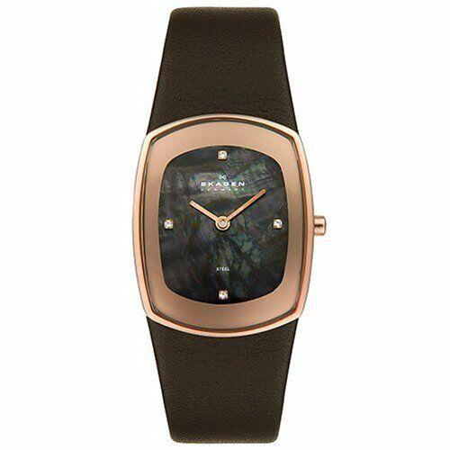 Skagen Brown Leather Band Mop Dial Rose Gold+crystal Watch 649SRLD
