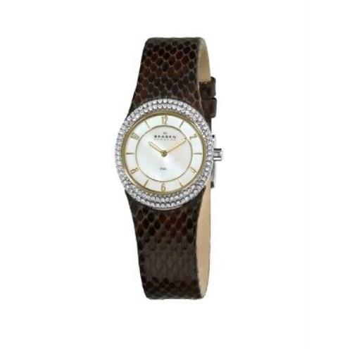 Skagen S/steel Case Brown Lizard Leather Band Mop+crystal Watch 566XSSLD8