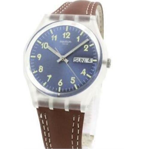 Swatch Windy Dune Brown Leather Day/date Watch 34mm GE709