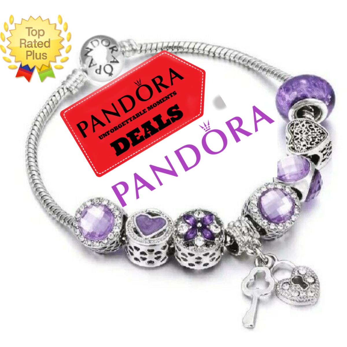 Pandora Bracelet with Purple Lock and Key Love Themed Charms