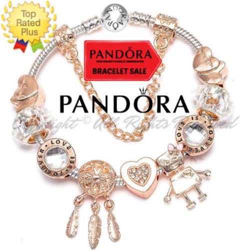 Pandora Bracelet with Rose Gold Robot Forever Love Themed Charms