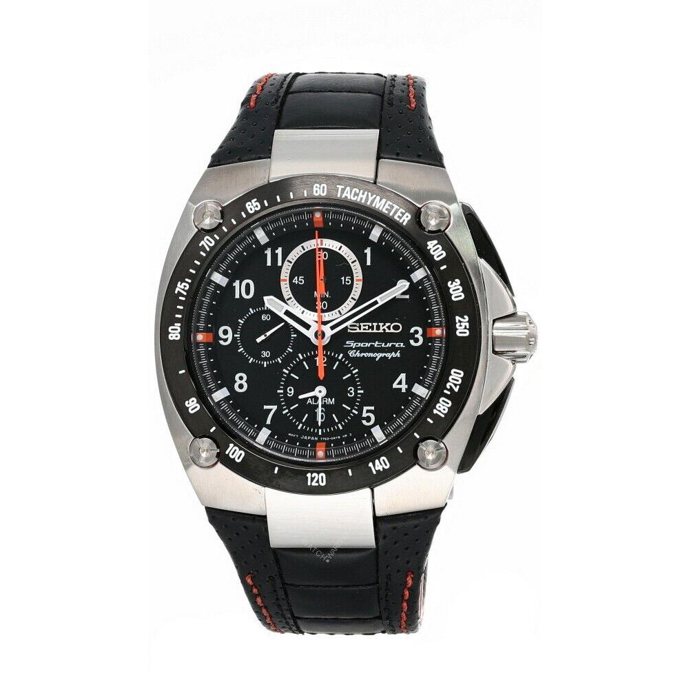 Seiko Sportura Alarm Chronograph Black Dial Leather Strap SNAD59