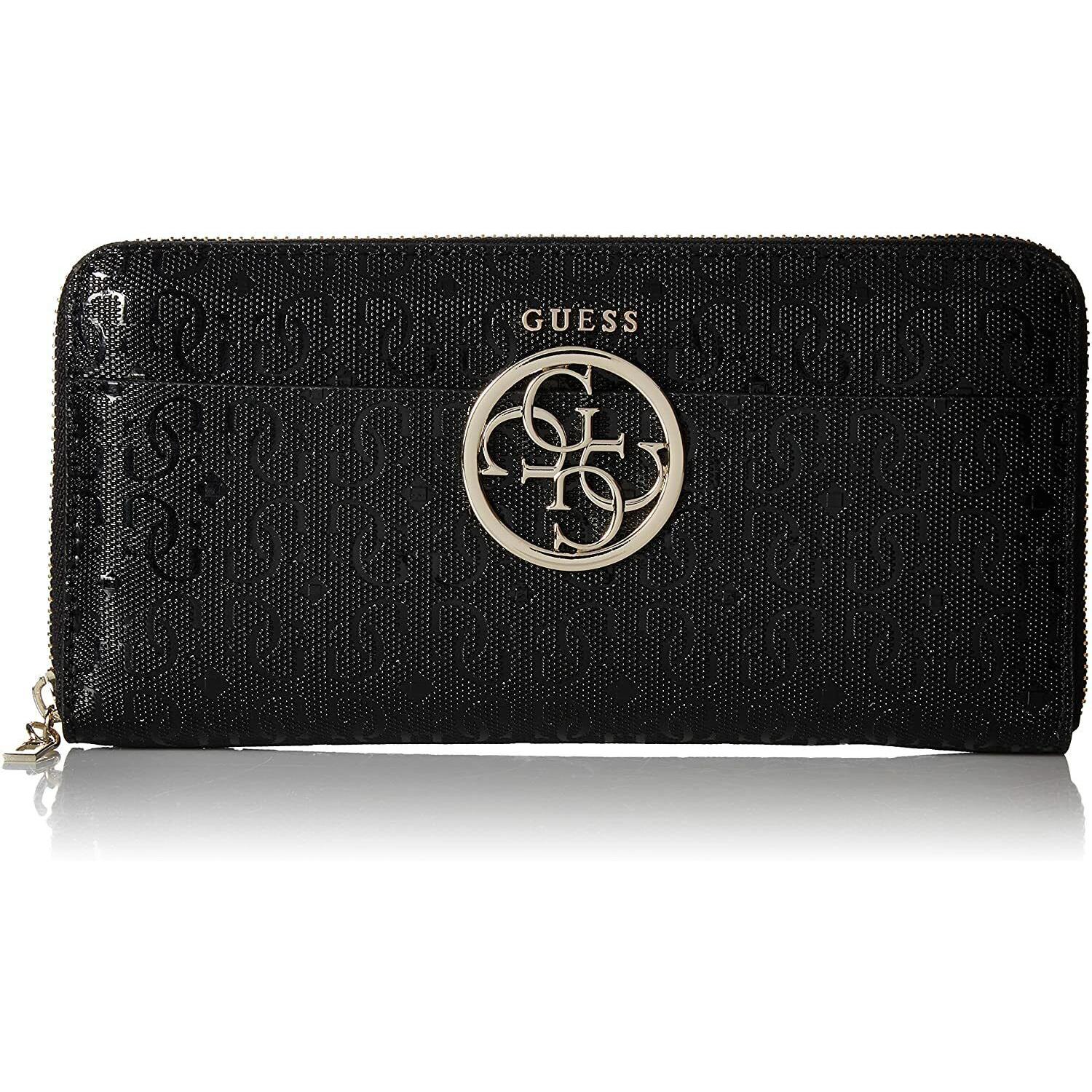 Guess Women`s Kamryn Black Glossy Shine Zip Around Wristlet Wallet
