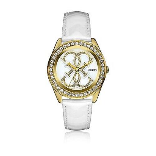 New-guess Gold Tone Iconic Logo Pave Crystal White Leather Band Watch W95144L1