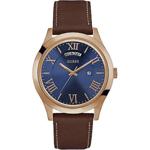 Guess W0792G2 Men Dress Casual Leather Strap Rose Tone Stainless Steel 50m WR