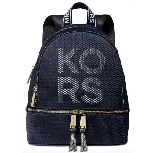 Michael Kors Rhea Zip Backpack Logo Front Polyester Bag Admiral Gold