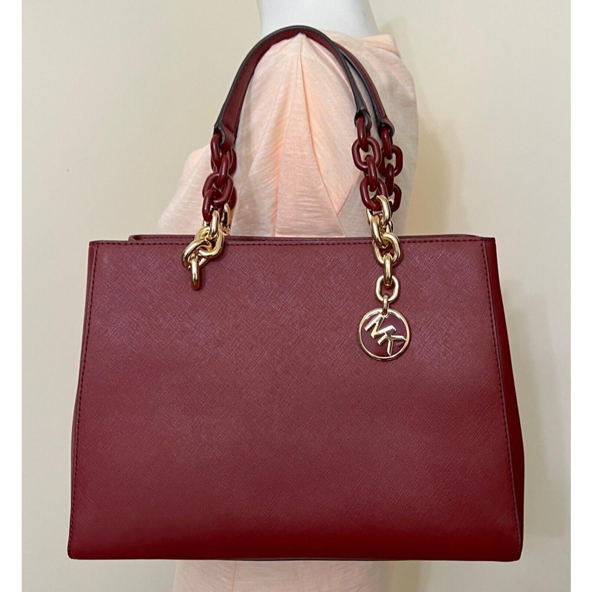 Michael Kors Cynthia Medium Brandy Red Saffiano Leather Satchel Shoulder Bag