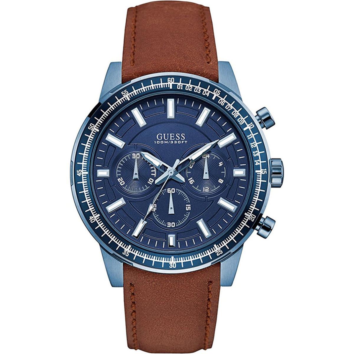 Guess W0867G2 Men`s Chronograph Blue Dial Stainless Steel Case Leather 100m WR