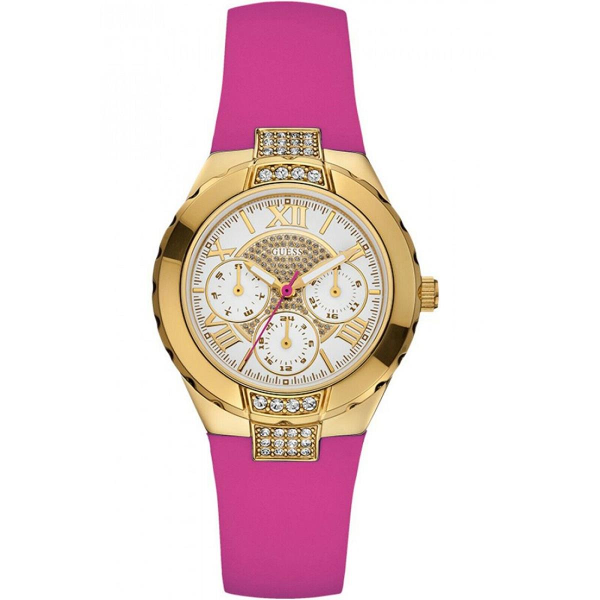 Guess W0327L2 Ladies Multi-function Gold Tone Case Pink Silicone Strap WR