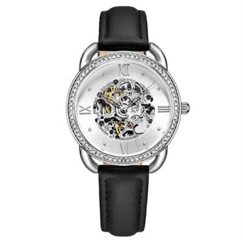 Stuhrling 3991 1 Automatic Skeleton Crystal Accented Black Leather Womens Watch