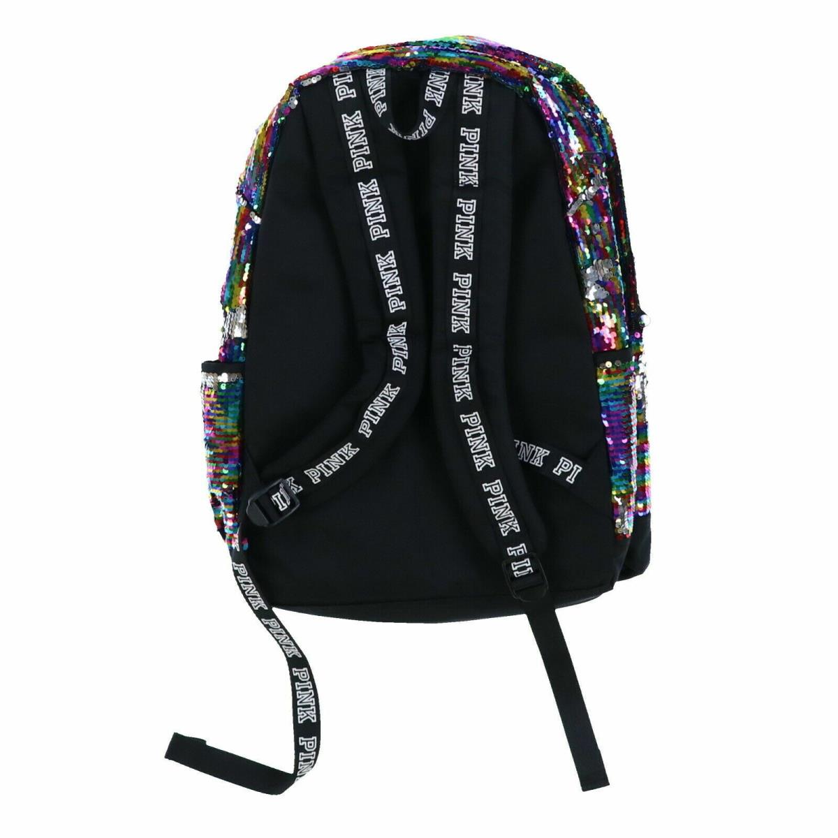 Victoria`s Secret Pink Backpack Campus Bookbag School Bag Pockets Zip Vs Rainbow Sequin