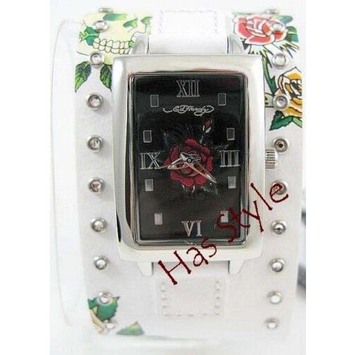Ed Hardy Temptress Skull Rose Leather Watch Black or White