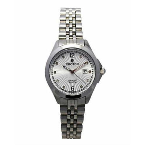 Croton Designer Style All Stainless Steel Watch w/ White Bezel 10 Diamond Dial