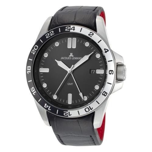 Jacques Lemans Men`s Sport 44mm Black Dial Leather Watch