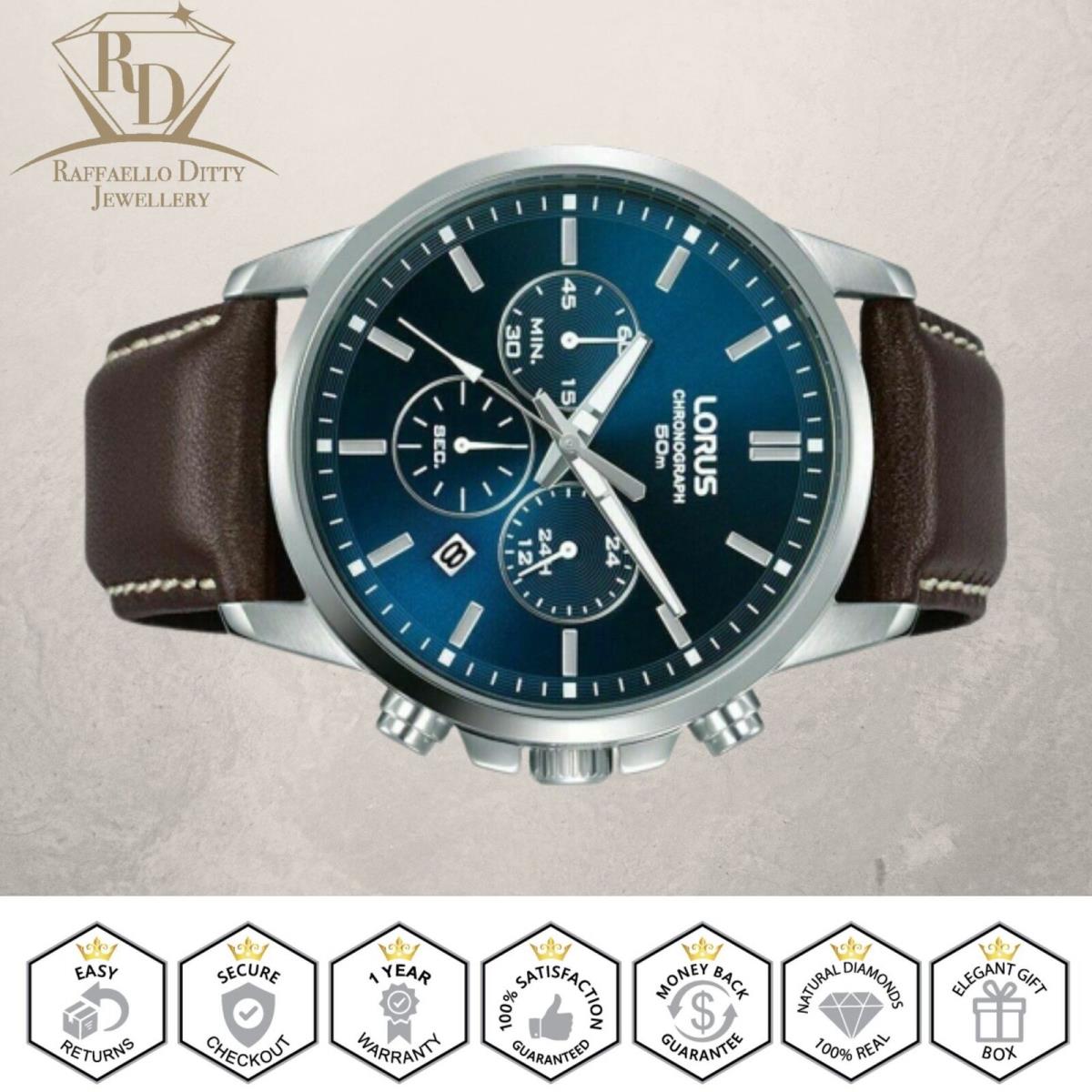 Lorus Men`s Watch Sport Chronograph Quartz Brown Leather Band Blue Dial RT389G