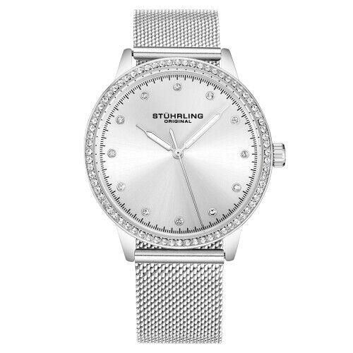 Stuhrling 3904 1 Vogue Quartz Crystal Accented Mesh Bracelet Womens Watch