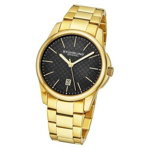 Stuhrling 3970 4 Symphony Black Argyle Date Stainless Steel Mens Watch - Dial: Black, Band: Gold