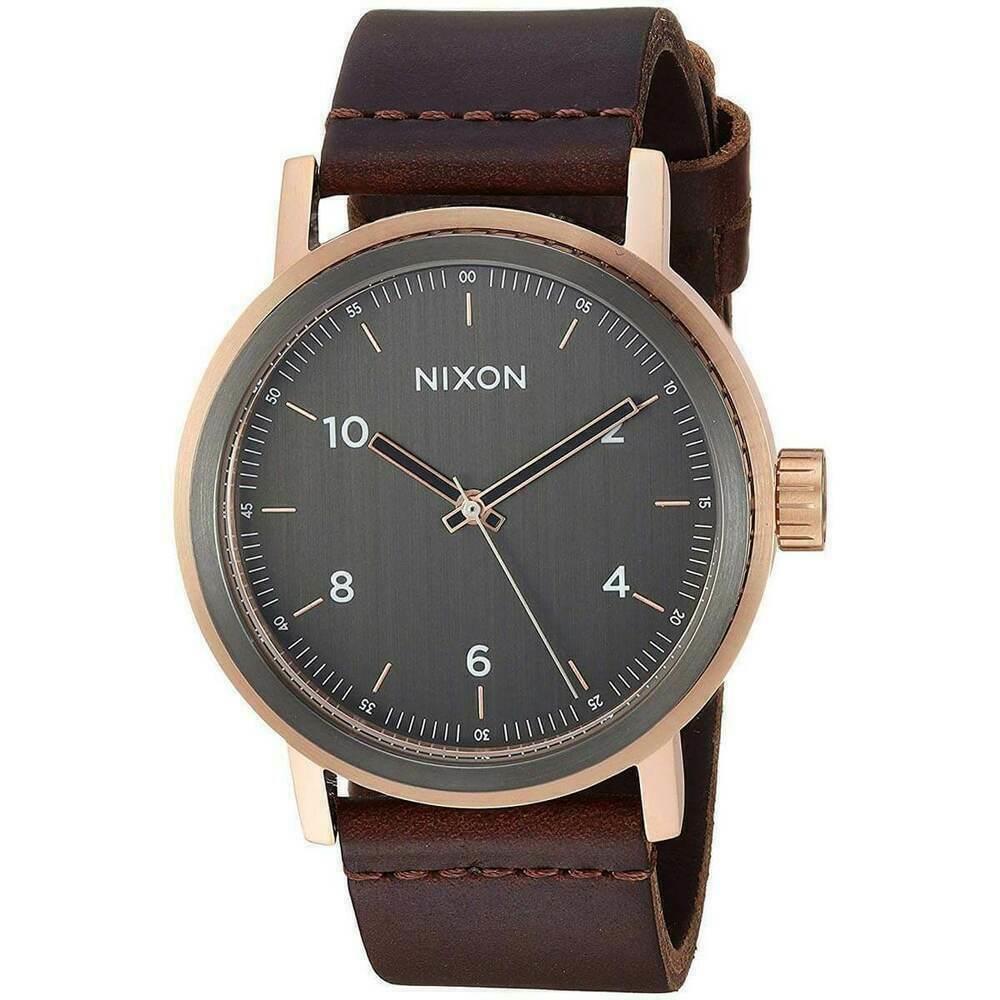 Men`s Nixon Stark A11942001 43mm Brown Leather Band Watch Rose Gold - Dial: Brown, Band: Brown
