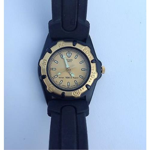 Women`s Pulsar Watch with Black Rubber Band and Gold Tone Face