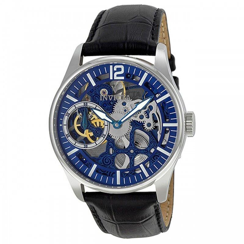 Mens Invicta 12404 Vintage Mechanical Blue Skeleton Dial Black Leather Watch