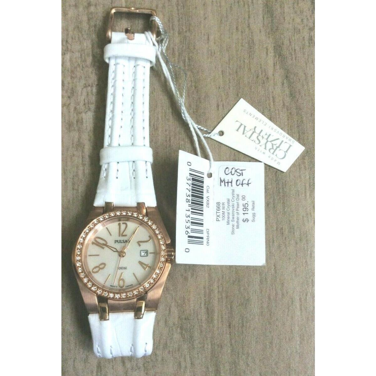 Pulsar Women`s Swarovski Crystal Watch Pearl Date Dial on White Leather Band