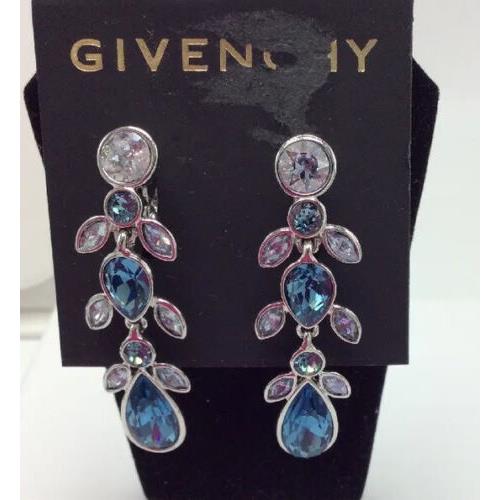 Givenchy Jeweled Blue Clear Statement Linear Silver Tone Earrings 333cGE